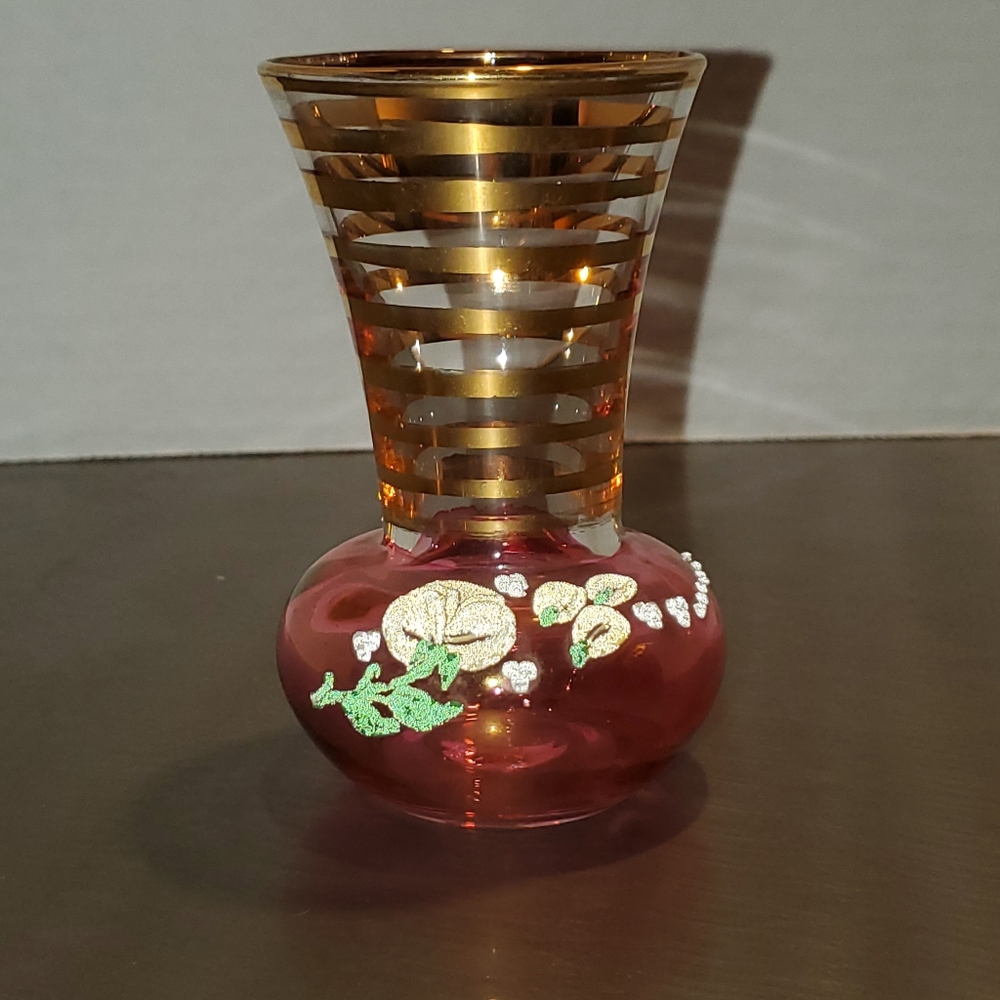 Vintage Glass Cranberry and Gold Mini Bud Vase with Applied Floral Pattern MCM